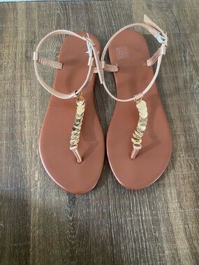 Women's Brown T-Strap Sandals with Gold Accents